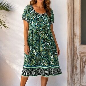 London Style Collection Blue Green Paisley Empire Waist Puff Sleeve Dress 14